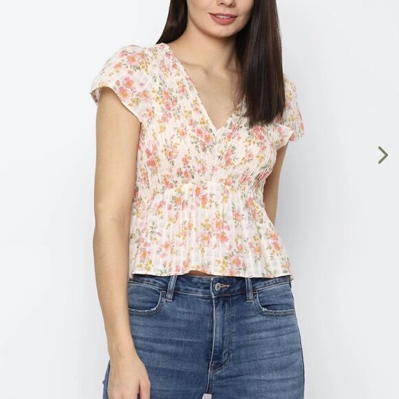 American Eagle Outfitters Cream Floral Print Peplum Top Size M - Picture 1 of 10